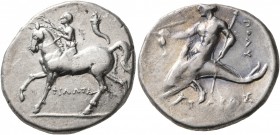 CALABRIA. Tarentum. Circa 272-240 BC. Didrachm or Nomos (Silver, 22 mm, 6.52 g, 2 h), Philotas and Poly..., magistrates. Nude youth riding horse walki...