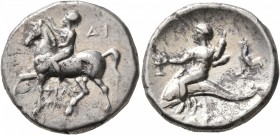 CALABRIA. Tarentum. Circa 272-240 BC. Didrachm or Nomos (Silver, 21 mm, 6.43 g, 7 h), Di... and Philotas, magistrates. Nude youth riding horse walking...