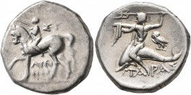 CALABRIA. Tarentum. Circa 272-240 BC. Didrachm or Nomos (Silver, 20 mm, 6.50 g, 10 h), Sy... and Lykinos, magistrates. Nude youth riding horse walking...