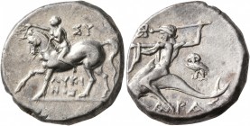 CALABRIA. Tarentum. Circa 272-240 BC. Didrachm or Nomos (Silver, 19 mm, 6.40 g, 4 h), Sy... and Lykinos, magistrates. Nude youth riding horse walking ...