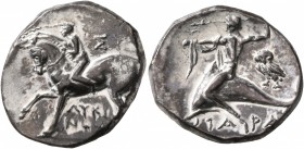 CALABRIA. Tarentum. Circa 272-240 BC. Didrachm or Nomos (Silver, 21 mm, 6.12 g, 1 h), Sy... and Lykinos, magistrates. Nude youth riding horse walking ...