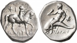 CALABRIA. Tarentum. Circa 272-240 BC. Didrachm or Nomos (Silver, 21 mm, 6.38 g, 2 h), Phi... and Zopyros, magistrates. Nude youth riding horse walking...