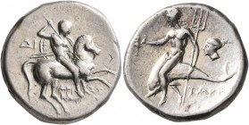 CALABRIA. Tarentum. Circa 272-240 BC. Didrachm or Nomos (Silver, 21 mm, 6.32 g, 1 h), Di... and Aristokles, magistrates. Nude rider on horse galloping...