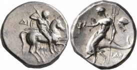 CALABRIA. Tarentum. Circa 272-240 BC. Didrachm or Nomos (Silver, 20 mm, 6.44 g, 10 h), Di... and Aristokles, magistrates. Nude rider on horse gallopin...