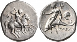 CALABRIA. Tarentum. Circa 272-240 BC. Didrachm or Nomos (Silver, 20 mm, 6.32 g, 1 h), Di... and Aristokles, magistrates. Nude rider on horse galloping...