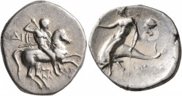 CALABRIA. Tarentum. Circa 272-240 BC. Didrachm or Nomos (Silver, 21 mm, 6.20 g, 8 h), Di... and Aristokles, magistrates. Nude rider on horse galloping...