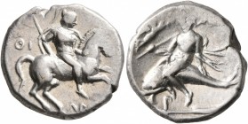 CALABRIA. Tarentum. Circa 272-240 BC. Didrachm or Nomos (Silver, 19 mm, 6.40 g, 11 h), Thi... and Aristok..., magistrates. Warrior on horse galloping ...