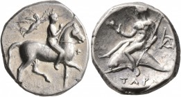 CALABRIA. Tarentum. Circa 272-240 BC. Didrachm or Nomos (Silver, 21 mm, 6.54 g, 8 h), Phi... and Aristeid..., magistrates. Nude youth riding horse wal...