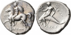 CALABRIA. Tarentum. Circa 272-240 BC. Didrachm or Nomos (Silver, 20 mm, 6.32 g, 4 h), Euph..., Ariston and Zop..., magistrates. Nude warrior, helmeted...