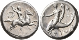 CALABRIA. Tarentum. Circa 240-228 BC. Didrachm or Nomos (Silver, 20 mm, 6.49 g, 5 h), Olympis, magistrate. Warrior on horse galloping to right, brandi...