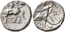 CALABRIA. Tarentum. Circa 240-228 BC. Didrachm or Nomos (Silver, 19 mm, 6.57 g, 2 h), Xenokrates, magistrate. Dioskouros, raising his right hand and h...