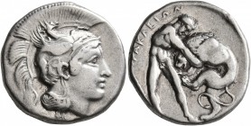 LUCANIA. Herakleia. Circa 420/15-390 BC. Didrachm or Nomos (Silver, 21 mm, 7.81 g, 2 h). Head of Athena to right, wearing Corinthian helmet adorned wi...