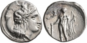 LUCANIA. Herakleia. Circa 330/25-281 BC. Didrachm or Nomos (Silver, 21 mm, 7.92 g, 10 h). Head of Athena to right, wearing crested Attic helmet adorne...