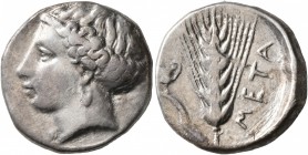 LUCANIA. Metapontion. Circa 400-340 BC. Didrachm or Nomos (Silver, 21 mm, 7.77 g, 7 h), signed by Aristoxenos. Head of Demeter to left, wearing ampyx ...