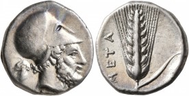 LUCANIA. Metapontion. Circa 340-330 BC. Didrachm or Nomos (Silver, 20 mm, 7.85 g, 5 h). Bearded head of Leukippos to right, wearing Corinthian helmet;...