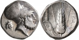 LUCANIA. Metapontion. Circa 340-330 BC. Didrachm or Nomos (Silver, 20 mm, 7.93 g, 3 h). Bearded head of Leukippos to right, wearing Corinthian helmet;...