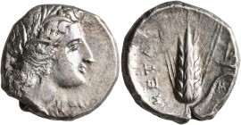 LUCANIA. Metapontion. Circa 330-290 BC. Didrachm or Nomos (Silver, 20 mm, 7.89 g, 11 h). Head of Demeter to right, wearing wreath of grain ears, tripl...