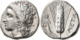 LUCANIA. Metapontion. Circa 330-290 BC. Didrachm or Nomos (Silver, 21 mm, 7.89 g, 1 h). Head of Demeter to left, wearing wreath of grain ears, triple ...