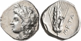 LUCANIA. Metapontion. Circa 330-290 BC. Didrachm or Nomos (Silver, 20 mm, 7.89 g, 1 h), Atha..., magistrate. Head of Demeter to left, wearing wreath o...