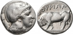 LUCANIA. Thourioi. Circa 443-400 BC. Didrachm or Nomos (Silver, 19 mm, 7.79 g, 4 h). Head of Athena to right, wearing laureate and crested Attic helme...