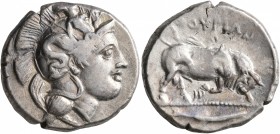 LUCANIA. Thourioi. Circa 400-350 BC. Didrachm or Nomos (Silver, 21 mm, 7.86 g, 1 h). Head of Athena to right, wearing crested Attic helmet adorned, on...