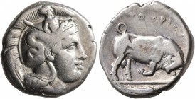 LUCANIA. Thourioi. Circa 400-350 BC. Didrachm or Nomos (Silver, 20 mm, 7.60 g, 10 h). Head of Athena to right, wearing crested Attic helmet adorned, o...