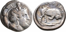 LUCANIA. Thourioi. Circa 400-350 BC. Didrachm or Nomos (Silver, 21 mm, 7.59 g, 12 h). Head of Athena to right, wearing crested Attic helmet adorned, o...