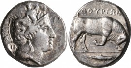 LUCANIA. Thourioi. Circa 400-350 BC. Distater (Silver, 25 mm, 15.99 g, 2 h). Head of Athena to right, wearing helmet adorned, on the bowl, with Skylla...