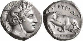 LUCANIA. Thourioi. Circa 400-350 BC. Distater (Silver, 24 mm, 15.72 g, 10 h). Head of Athena to right, wearing helmet adorned, on the bowl, with Skyll...