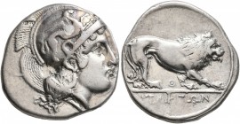 LUCANIA. Velia. Circa 340-334 BC. Didrachm or Nomos (Silver, 22 mm, 7.50 g, 5 h). Head of Athena to right, wearing crested Attic helmet adorned with a...
