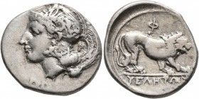 LUCANIA. Velia. Circa 340-334 BC. Didrachm or Nomos (Silver, 23 mm, 7.40 g, 4 h). Head of Athena to left, wearing crested Attic helmet adorned with a ...