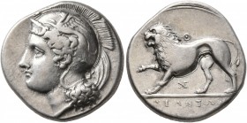 LUCANIA. Velia. Circa 334-300 BC. Didrachm or Nomos (Silver, 20 mm, 7.60 g, 2 h), Kleudoros Group. Head of Athena to left, wearing crested Attic helme...