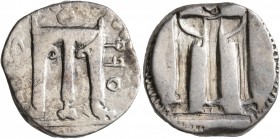 BRUTTIUM. Kroton. Circa 480-430 BC. Stater (Silver, 21 mm, 7.47 g, 10 h). ϘΡΟ Tripod with three handles and the legs ending in lion's paws; to left, c...