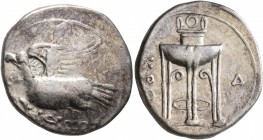 BRUTTIUM. Kroton. Circa 350-300 BC. Didrachm or Nomos (Silver, 23 mm, 7.71 g, 7 h). Eagle with spread wings standing left on olive branch. Rev. KPO Tr...