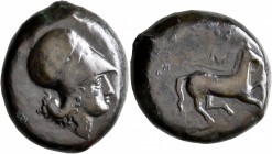 SICILY. Aitna. 354/3-344 BC. Tetras (Bronze, 24 mm, 15.34 g, 2 h). Head of Athena to right, wearing Corinthian helmet. Rev. Horse with trailing rein p...