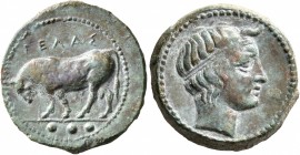 SICILY. Gela. Circa 420-405 BC. Tetras or Trionkion (Bronze, 18 mm, 4.38 g, 2 h). ΓEΛAΣ Bull walking left; below, three pellets (mark of value). Rev. ...