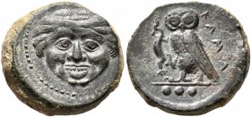 SICILY. Kamarina. Circa 420-405 BC. Tetras (Bronze, 15 mm, 3.67 g, 1 h). Facing gorgoneion with protruding tongue. Rev. KAMA Owl standing left, head f...