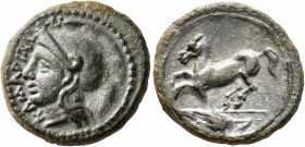 SICILY. Kamarina. Circa 339-317 BC. AE (Bronze, 17 mm, 3.69 g, 6 h). KAMAPINAIΩN Head of Athena to left, wearing crested Attic helmet. Rev. Horse spri...