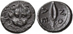 SICILY. Leontini. Circa 476-466 BC. Litra (Silver, 10 mm, 0.67 g, 1 h). Facing lion's scalp. Rev. ΛE-ON Barley grain. Boehringer, Münzgeschichte, 19. ...