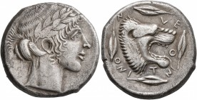 SICILY. Leontini. Circa 450-440 BC. Tetradrachm (Silver, 25 mm, 17.25 g, 4 h). Laureate head of Apollo to right. Rev. ΛEO-NT-INO-N Head of a lion with...