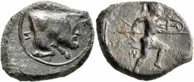 SICILY. Sileraioi. 354/3-344 BC. Hexas (Bronze, 22 mm, 6.19 g, 7 h). ΣI-ΛEPAIΩ-N Forepart of a man-headed bull to right. Rev. ΣΙΛ Warrior advancing ri...
