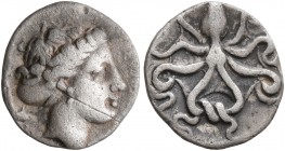 SICILY. Syracuse. Second Democracy, 466-405 BC. Litra (Silver, 11 mm, 0.77 g, 12 h), circa 410-405. [ΣYPAKOΣIΩN] Head of Arethusa to right, wearing si...