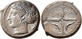 SICILY. Syracuse. Second Democracy, 466-405 BC. Hemilitron (Bronze, 16 mm, 4.00 g, 7 h), obverse die signed by Euainetos, circa 410-405. Head of Areth...