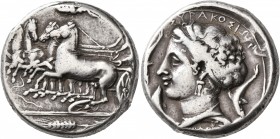 SICILY. Syracuse. Dionysios I, 405-367 BC. Tetradrachm (Silver, 25 mm, 17.29 g, 1 h), reverse die signed by Parmenides, circa 405-400. Charioteer driv...