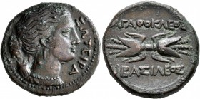 SICILY. Syracuse. Agathokles, 317-289 BC. Litra (Bronze, 22 mm, 9.19 g, 4 h), circa 304-289. ΣΩTEIPA Draped bust of Artemis Soteira to right, quiver o...