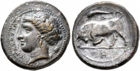 SICILY. Syracuse. Agathokles, 317-289 BC. AE (Bronze, 17 mm, 3.93 g, 4 h), circa 317-310. ΣYPAKOΣIΩN Head of Arethusa to left, wearing pendant earring...