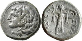 SICILY. Syracuse. Pyrrhos, 278-276 BC. AE (Bronze, 23 mm, 9.65 g, 1 h). Head of Herakles to left, wearing lion skin headdress. Rev. ΣYPA-KOΣIΩN Athena...