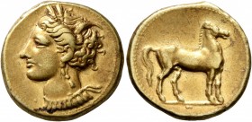 CARTHAGE. Circa 310-290 BC. Stater (Electrum, 18 mm, 7.51 g, 12 h). Head of Tanit to left, wearing wreath of grain ears, triple-pendant earring and el...