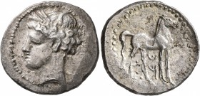 CARTHAGE. Libyan Revolt. Circa 241-238 BC. Shekel (Silver, 24 mm, 7.34 g, 1 h). Head of Tanit to left, wearing wreath of grain ears. Rev. Horse standi...