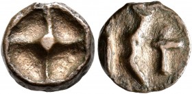 MOESIA. Istros. Late 5th century BC. AE (Bronze, 10 mm, 0.83 g). Wheel with four spokes. Rev. ΙΣΤ. AMNG I 534. SNG BM Black Sea 224. Light cleaning sc...